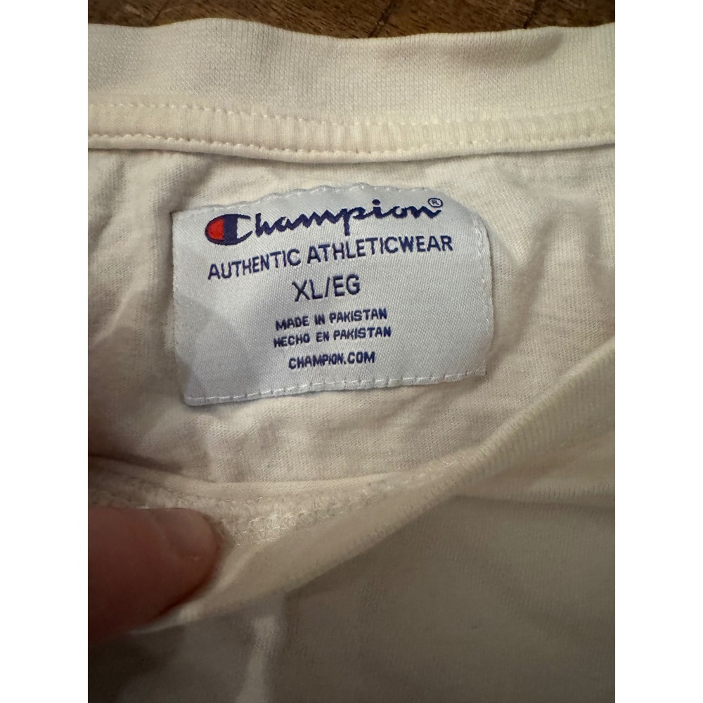 Champion Authentic Athleticwear Script Logo T-Shirt Cream Navy XL Mens - Picture 3 of 3